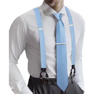 Men Suspender Set with Necktie Elastic Y Type Heavy Duty 6 Clips